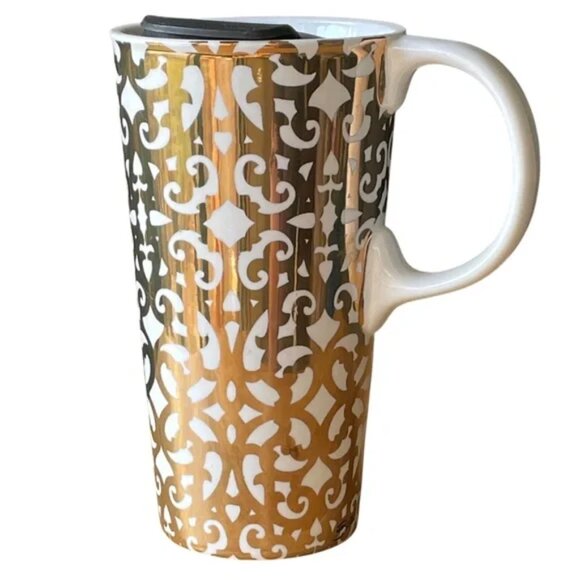 CYPRESS HOMES 17oz gold foil lace design travel mug handle celestial holiday EUC - Picture 7 of 14